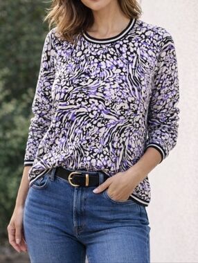 Olsen Purple Abstract Animal Print Knit Sweater Long Sleeve Pullover Casual Chic